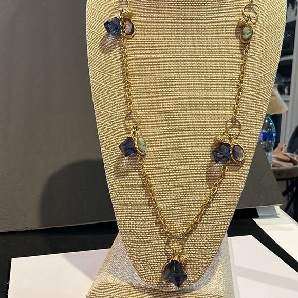 Multi Media Long Gold Tone Necklace - Picture 1 of 9